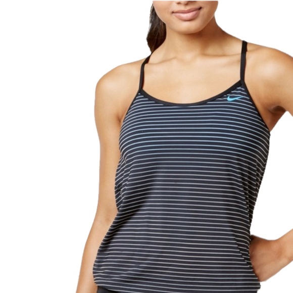 Nike Layered Tankini Top with Striped Overlay atop a Solid Teal Bikini Top - Picture 11 of 12
